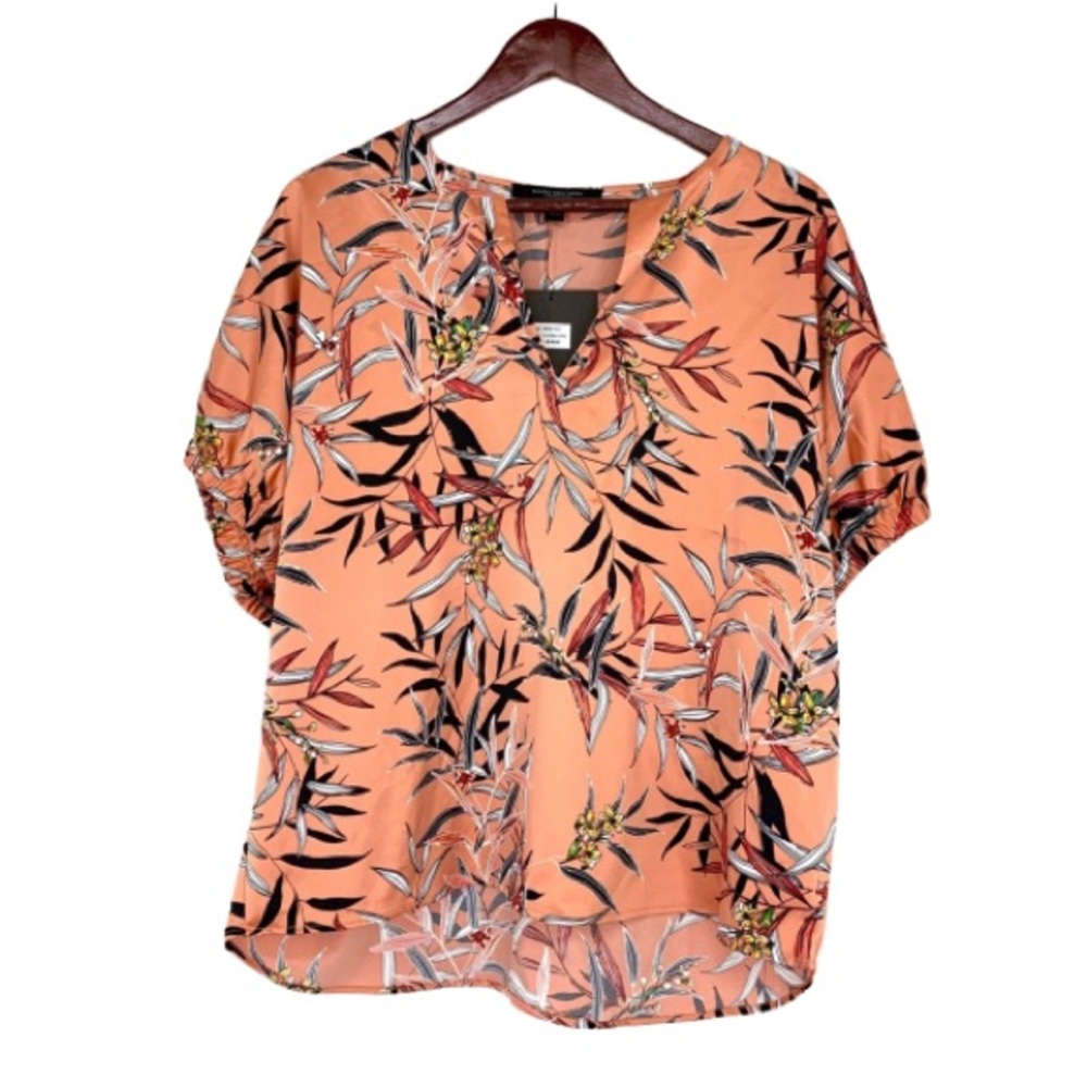 Andrew Marc NY Tropical Print Coral Salmon Short Sleeve V-Neck Blouse New Nwt